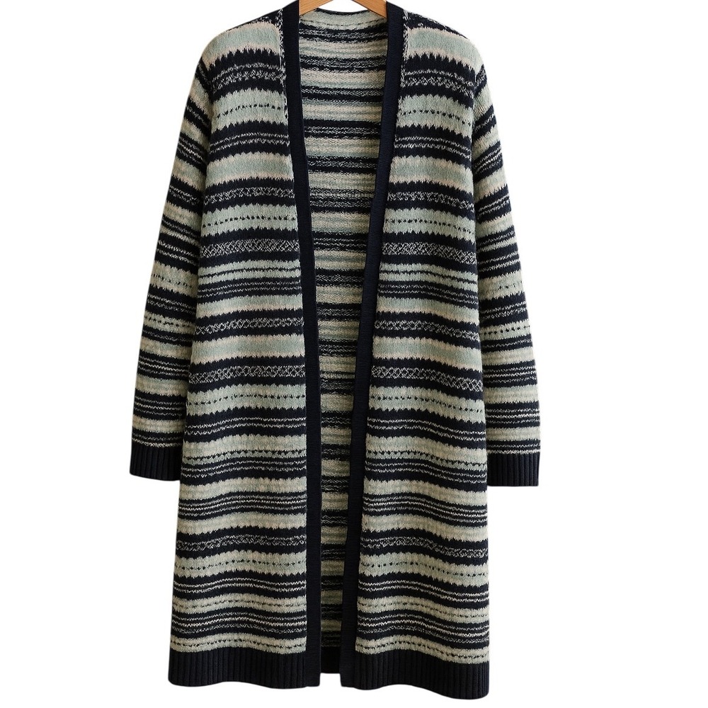 Talbots Women Open Front Fair Isle Knit Cardigan Sweater Navy‎ teal XL Longline